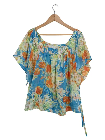 ZARA BASIC Damen Bluse Blumenmuster Seide Gr. L/42 Blau Orange Boho
