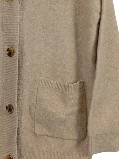 E.LAND Damen Strickjacke Cardigan Beige Gr. L 40 V-Ausschnitt