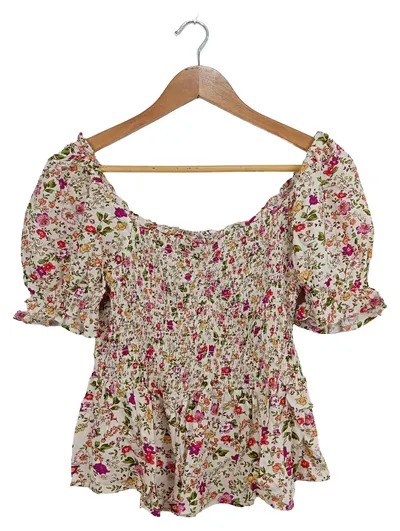 Patrons of Peace Damen Bluse Blumen Smock Puffärmel Gr. S Mehrfarbig