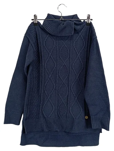 E.LAND Damen Strickpullover Zopfmuster Rollkragen Blau Gr. 36/S