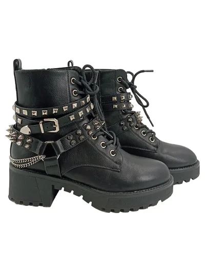 Lucky Shoes Damen Stiefelette Nieten Schnallen Schwarz Gr. 38 Streetwear