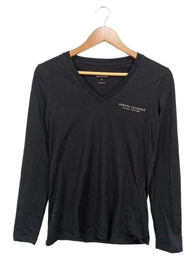 Armani Exchange Damen Langarmshirt Schwarz V-Ausschnitt Gr. S Baumwolle