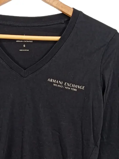 Armani Exchange Damen Langarmshirt Schwarz V-Ausschnitt Gr. S Baumwolle