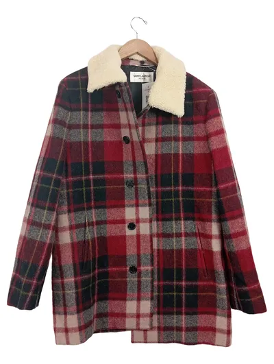 Saint Laurent Herren Klassischer Mantel kariert Wolle Lammfellkragen Gr. 46/S