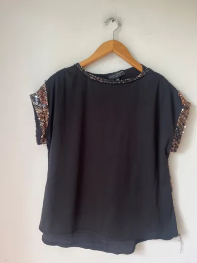 Dorothy Perkins Bluse Damen Gr. 38 Schwarz Elegant Pailletten Kurzarm