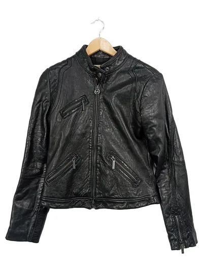 Michael Kors Damen Lederjacke Schwarz Bikerstil Gr. S/36 Echtleder