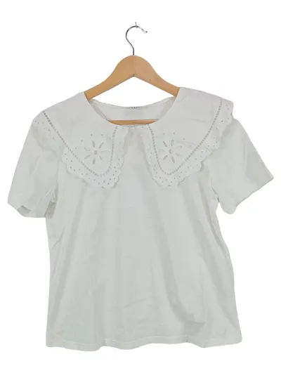 Claudie Pierlot Damen Bluse S Weiß mit Blumenkragen Lochmuster Kurzarm