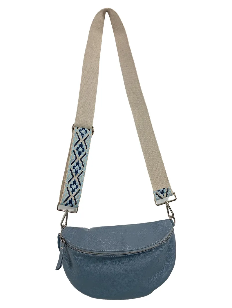 Leder Bauchtasche Damen Gürteltasche Blau Crossbody Bag Stoffgurt 1