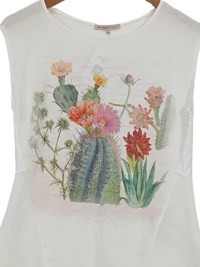 Anna Field Damen T-Shirt Gr. 36 Weiß mit Kakteenprint Naturbezogen
