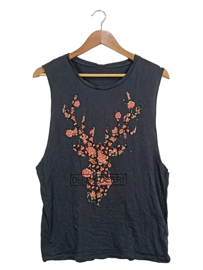 FBSISTER Damen Top Blumen-Hirsch-Print Grau Einheitsgröße Casual