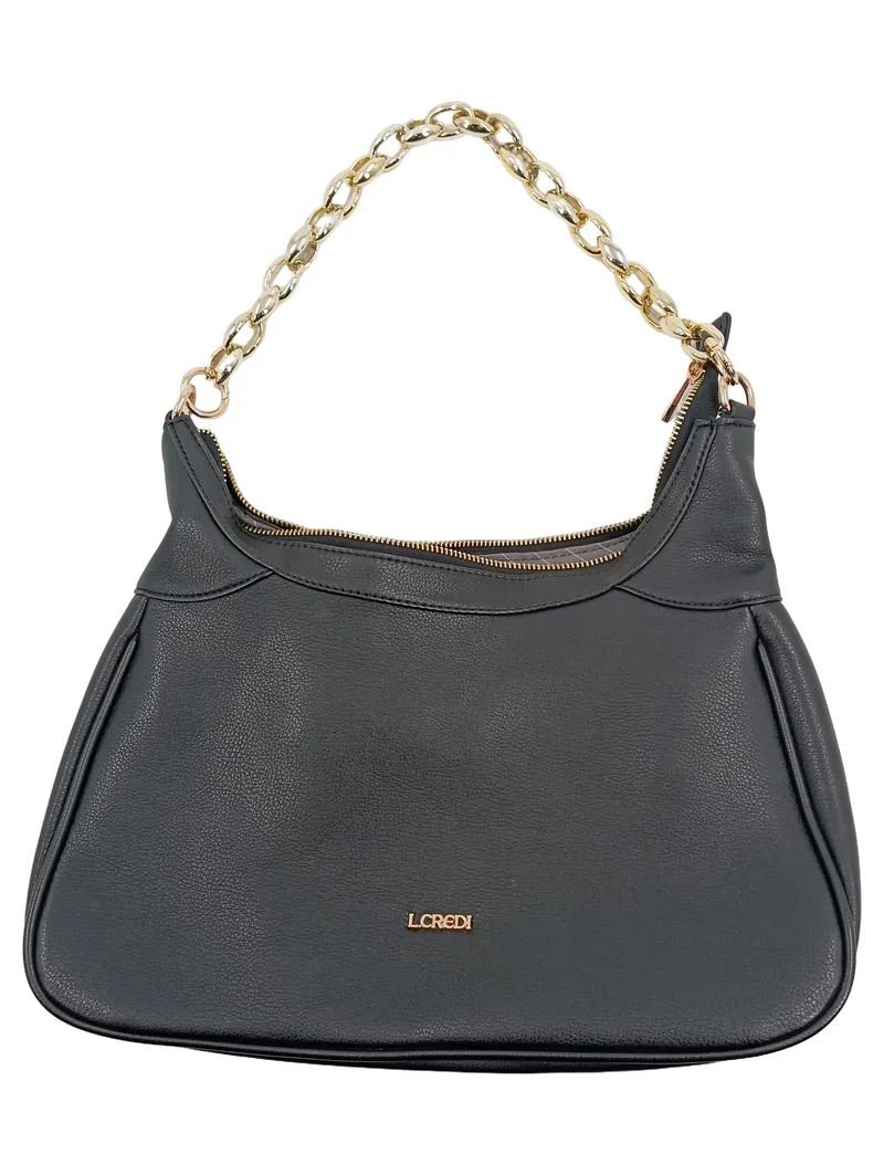 L.CREDI Damen Henkeltasche Schwarz Goldkette Elegant Kunstleder 1