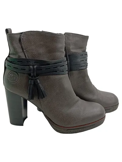 Marco Tozzi Damen Stiefeletten Gr. 38 Grau Blockabsatz Fransen
