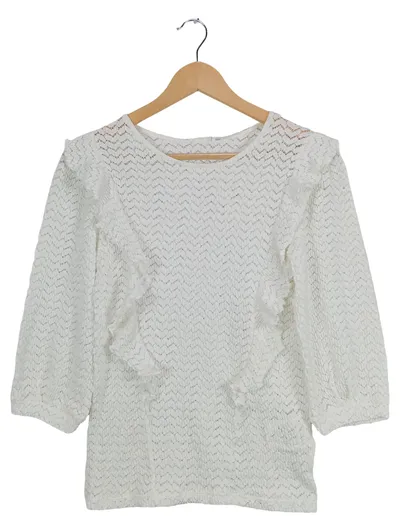 Cache Cache Damen Bluse Gr. 36/S Weiß Rüschen Strukturmuster Feminin