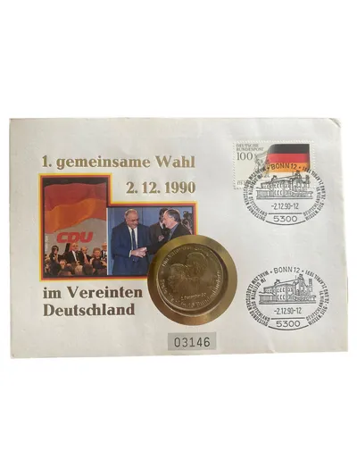 Numisbrief 1. Gemeinsame Wahl 1990 Deutschland Medaille CDU Kohl