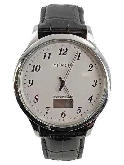 MARQUIS Herren Armbanduhr Funkuhr Radio Controlled Lederband Schwarz Klassisch