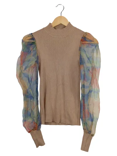 By Clara Damen Pullover Rippstrick Puffärmel Beige Gr. M na L