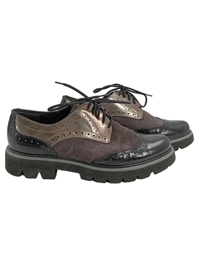 Högl Damen Schnürschuhe Brogues Gr. 40 Grau Lack Wildleder Chunky Sohle