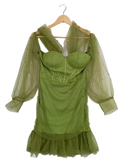 Double Crazy Damen Korsett Kleid Gr. L Grün Tüll Perlen Festlich Party