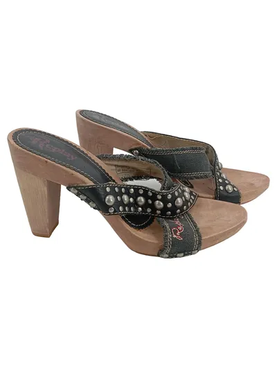 Replay Damen Plateausandalen Holz Nieten Gr. 41 Vintage Mehrfarbig