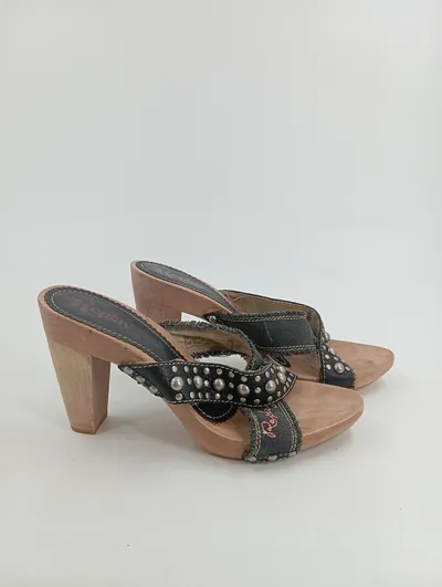 Replay Damen Plateausandalen Holz Nieten Gr. 41 Vintage Mehrfarbig
