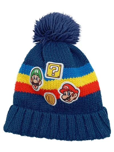 Super Mario Kinder Bommelmütze Strickmütze Blau Bunt Patches Luigi