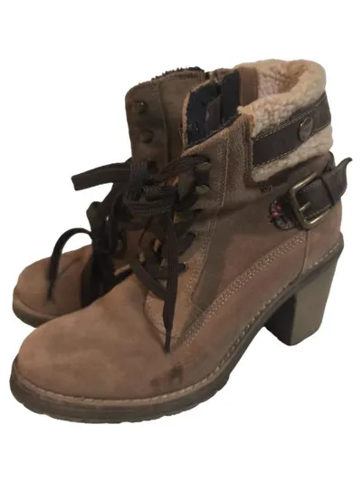 Tom Tailor Damen Stiefelette Gr. 38 Beige Schnürung Absatz Fellkragen