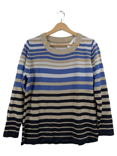 Olsen Damen Pullover Gr. 42 Gestreift Blau Beige Baumwolle Langarm