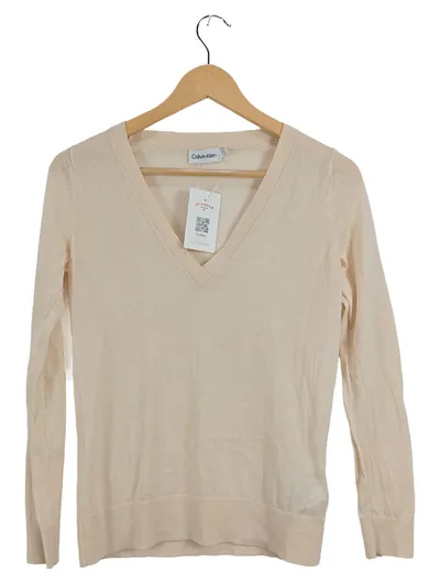 Calvin Klein Damen Pullover V-Ausschnitt Beige Gr. S Baumwolle Basic