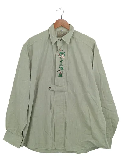Edelweiss Trachtenhemd Herren 42/XL Grün Klassisch Stickerei