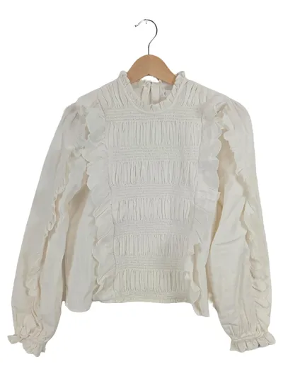 Mango Damen Bluse Rüschen Smok Langarm Weiß Gr. S 36 Baumwolle