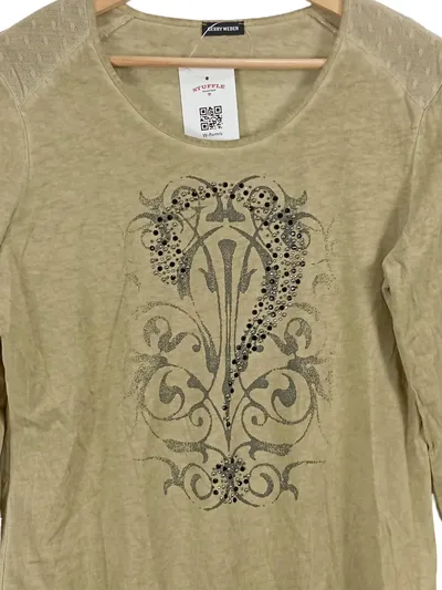 Gerry Weber Damen Langarmshirt Gr. 40 Beige Print Strass Elegant