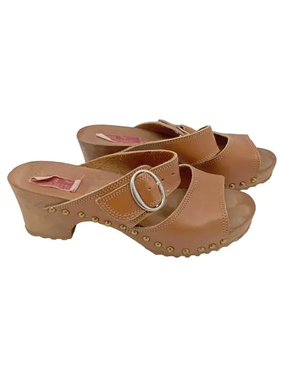 Les Marina Damen Pantoletten Clogs Gr. 39 Braun Leder Holzsohle Nieten Vintage