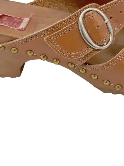 Les Marina Damen Pantoletten Clogs Gr. 39 Braun Leder Holzsohle Nieten Vintage