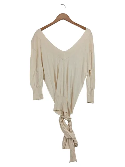 MNG Damen Pullover Gr. L Beige Casual V-Ausschnitt Schleife