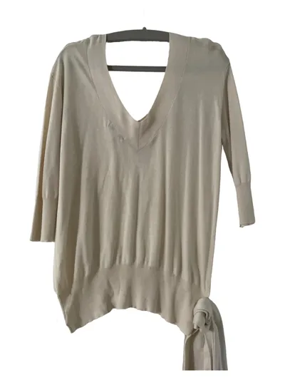 MNG Damen Pullover Gr. L Beige Casual V-Ausschnitt Schleife