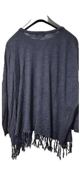 Amy Vermont Damen Pullover Gr. 46 Blau Kettenverzierung Fransen Elegant