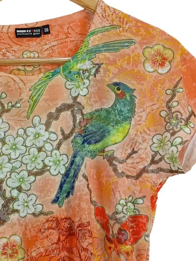 NGS Damen T-Shirt 38 Vogel Blumen Muster Mehrfarbig Farbenfroh