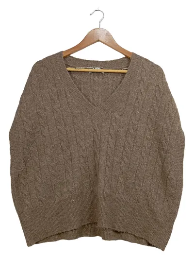 Pigalle Damen Pullover Gr. L 40 Braun Zopfmuster V-Ausschnitt Casual