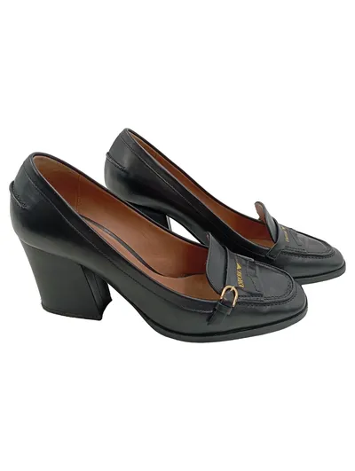Emporio Armani Damen Loafer Pumps Schwarz Leder Gr. 38 Blockabsatz
