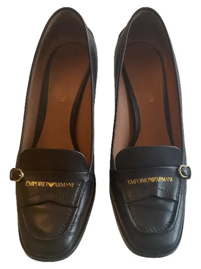 Emporio Armani Damen Loafer Pumps Schwarz Leder Gr. 38 Blockabsatz