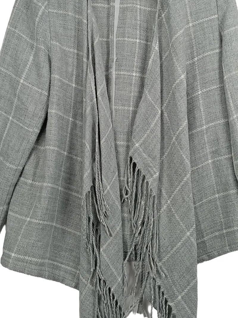 Broadway Damen Strickjacke Grau Kariert Fransen Gr. 38/M Casual 3