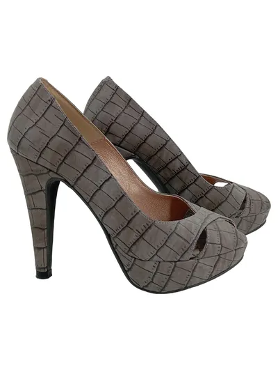 Chillany Damen Pumps Gr. 35 Grau Elegant Kroko-Optik Peep-Toe High Heels