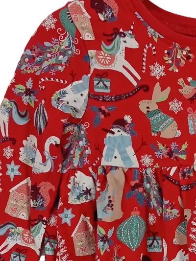 NEXT Mädchen Kleid Gr. 110 Weihnachten Langarm Rot Tiermotive Baumwolle
