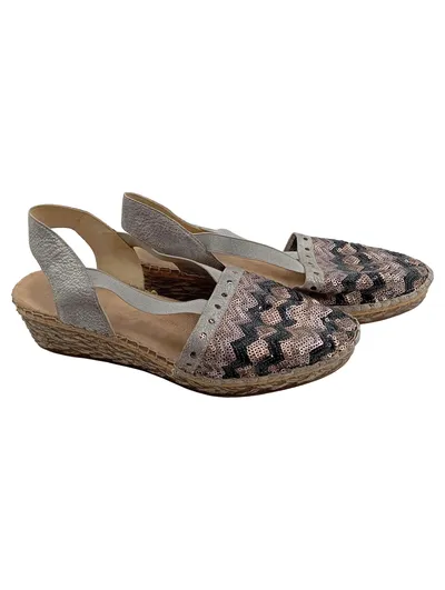 Rieker Damen Espadrilles Pailletten Silber Rosé Keilabsatz Gr. 40