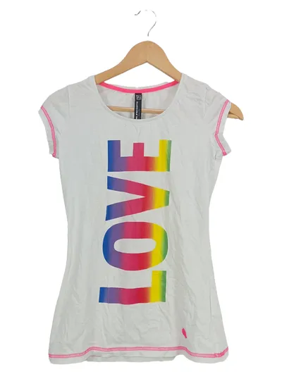Blind Date Damen T-Shirt Gr. 34/XS Weiß Casual LOVE Regenbogenprint