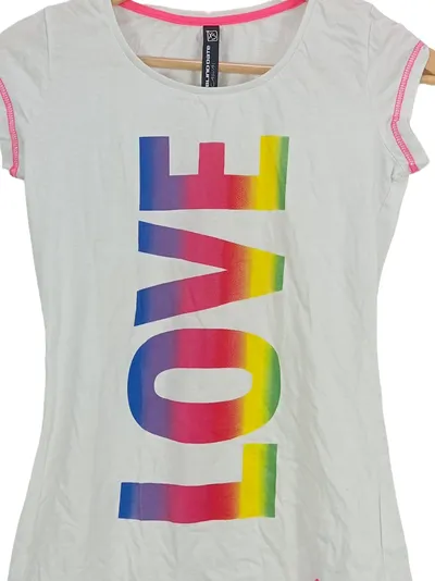 Blind Date Damen T-Shirt Gr. 34/XS Weiß Casual LOVE Regenbogenprint