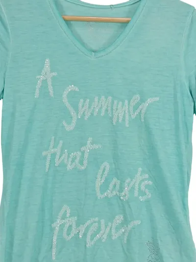 CANDA Damen T-Shirt Kurzarm Schriftzug Pailletten Türkis Gr. 34/XS