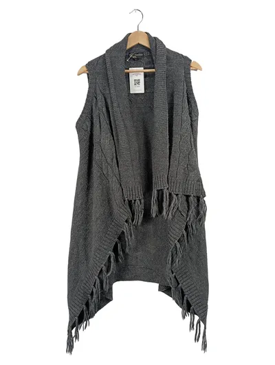 MOGUL Damen Poncho Strickweste Fransen Zopfmuster Boho Grau S