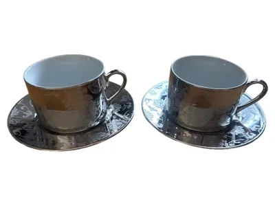 Hoff Interieur Tasse mit Untertasse Silber Porzellan Elegant Blumenmuster