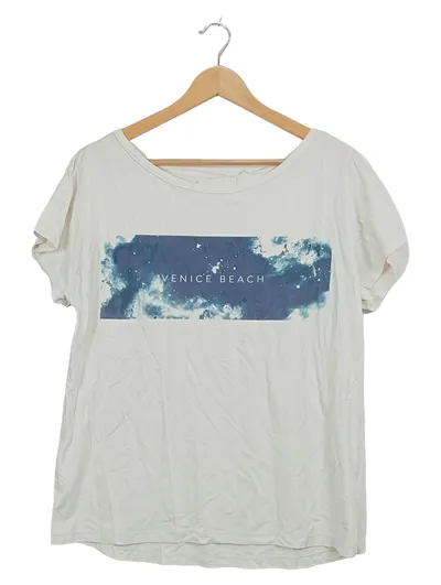 Venice Beach Damen T-Shirt Gr. L Beige Blau Print Casual Kurzarm